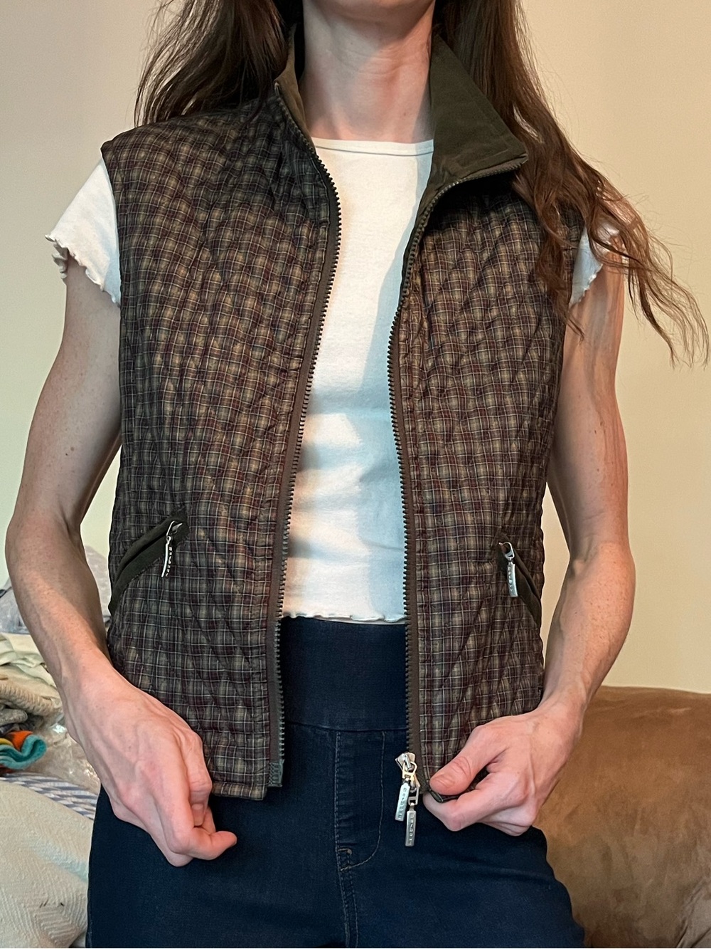 Barbour Quilted Olive Green Plaid Vest